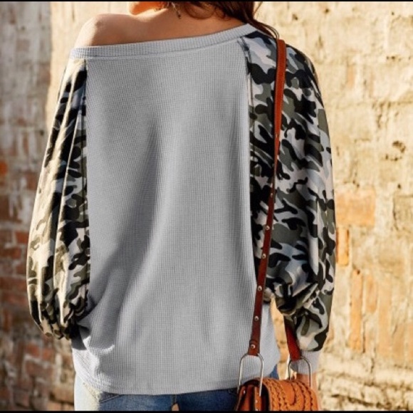 NEW Camo & Grey Off Shoulder LongSleeve Top - Picture 3 of 16